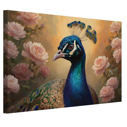 Toile de peinture paon avec fleurs 60x40cm - 18mm., Antiquités & Art, Art | Peinture | Classique, Envoi