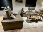 Lederen salon (2-zit, 3-zit en poef) taupe kleur, Huis en Inrichting, Ophalen, Gebruikt, Leer, Hedendaags