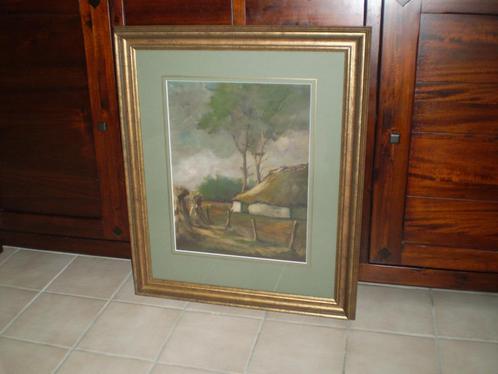 Aquarel J.Eykhof Boerenlandschap/schuur/korenschoven, Antiek en Kunst, Kunst | Schilderijen | Klassiek, Ophalen of Verzenden
