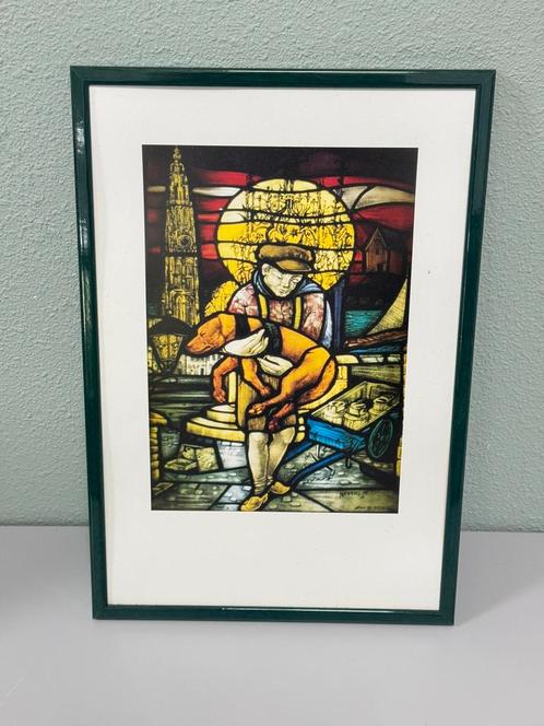 Vintage kunstwerk NEVENS M glas-in-lood stijl religieuze art, Antiek en Kunst, Antiek | Religieuze voorwerpen, Ophalen of Verzenden