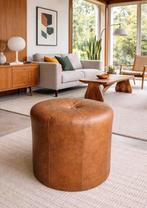 Prachtige vintage cognac bruine poef, Ophalen of Verzenden, Zo goed als nieuw, Leer, Midcentury