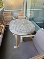 Houten terrastafel met 4 stoelen en kussens, Tuin en Terras, Ophalen, Gebruikt