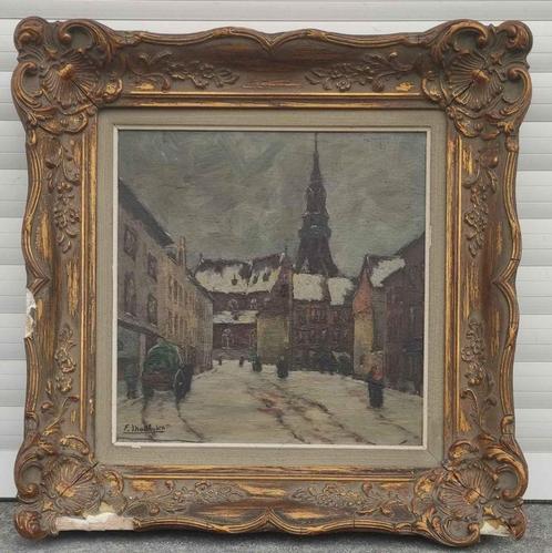 Huile sur panneau ruelle enneigé signe matthysen, Antiek en Kunst, Kunst | Schilderijen | Klassiek, Ophalen of Verzenden