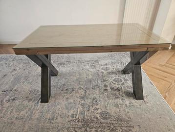 Eettafel stijgerhout met zware metalen X-poten, Huis en Inrichting, Tafels | Salontafels, Ophalen, Gebruikt