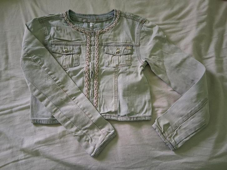 jeansjas met parels - maat 152, Kinderen en Baby's, Kinderkleding | Maat 152, Zo goed als nieuw, Meisje, Jas, Ophalen of Verzenden