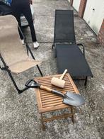 2 ligstoelen+kussens, 2 klapstoelen+2 houten tafeltjes+ wind, Tuin en Terras, Ophalen, Nieuw, Aluminium, Stapelbaar