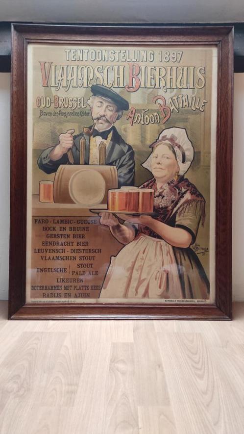 Vieille affiche Bruxelloise "Vlaamsche Bierhuis" 1897, Collections, Posters & Affiches, Utilisé, Autres sujets/thèmes, A1 jusqu'à A3