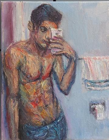 Mooi Olieverfschilderij op doek 'Selfie' beschikbaar voor biedingen