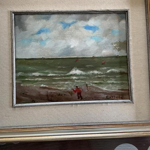 Peinture d’Andrée Vervisch. Le pêcheur sur la plage, Antiek en Kunst, Kunst | Schilderijen | Klassiek, Ophalen