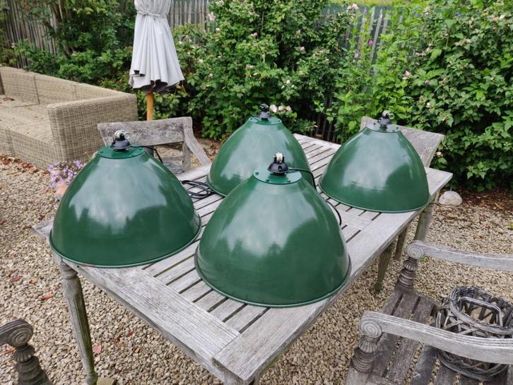 INDUSTRIËLE EMAILLE HANGLAMP GROEN, Huis en Inrichting, Lampen | Hanglampen, Zo goed als nieuw, Minder dan 50 cm, Metaal, Overige materialen