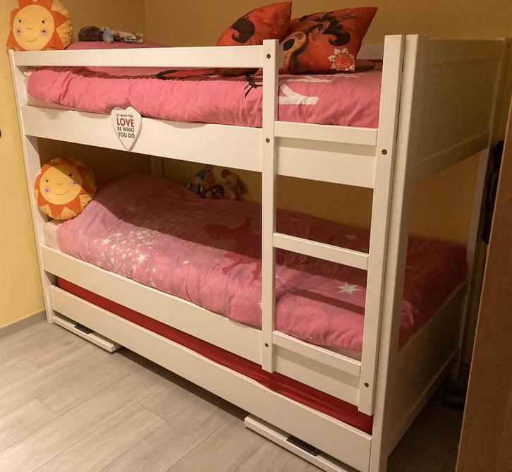 Stapelbed voor 3, Huis en Inrichting, Slaapkamer | Bedden, Gebruikt, Tweepersoons, 90 cm, 200 cm, Hout, Crème, Ophalen