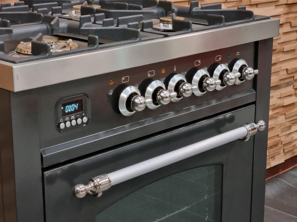 🔥Luxe Boretti Fornuis 70cm antraciet + rvs 4 pits 1 oven, Gaz, Classe énergétique A ou plus économe, Comme neuf, Enlèvement