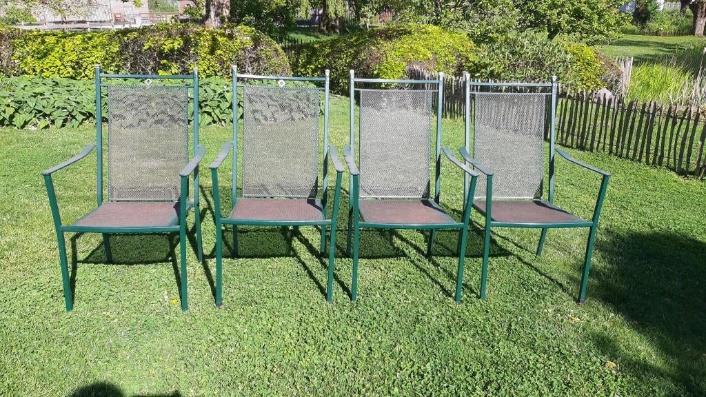 vier metalen tuinstoelen, stapelbaar, Tuin en Terras, Ophalen, Gebruikt, Metaal, Stapelbaar