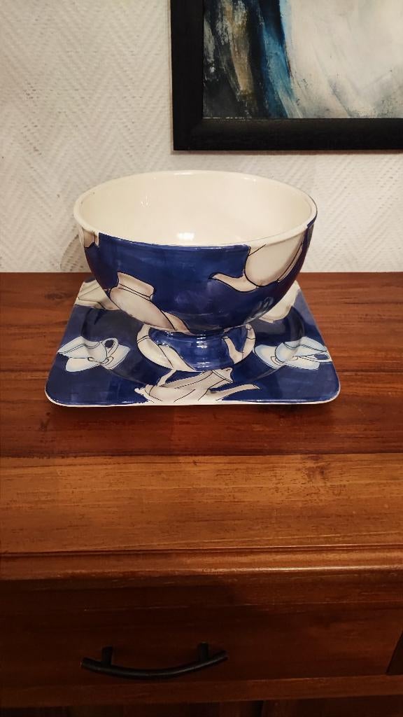 Blauwe fruitschotel met theepotten en bijhorende schotel, Ophalen of Verzenden, Zo goed als nieuw