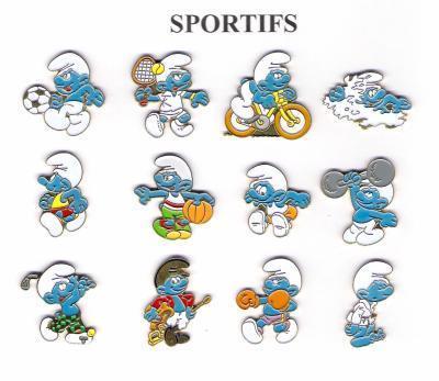 Série complète des 12 pin's "Les schtroumpfs sportifs"/1993., Collections, Schtroumpfs, Neuf, Autres types, Différents Schtroumpfs