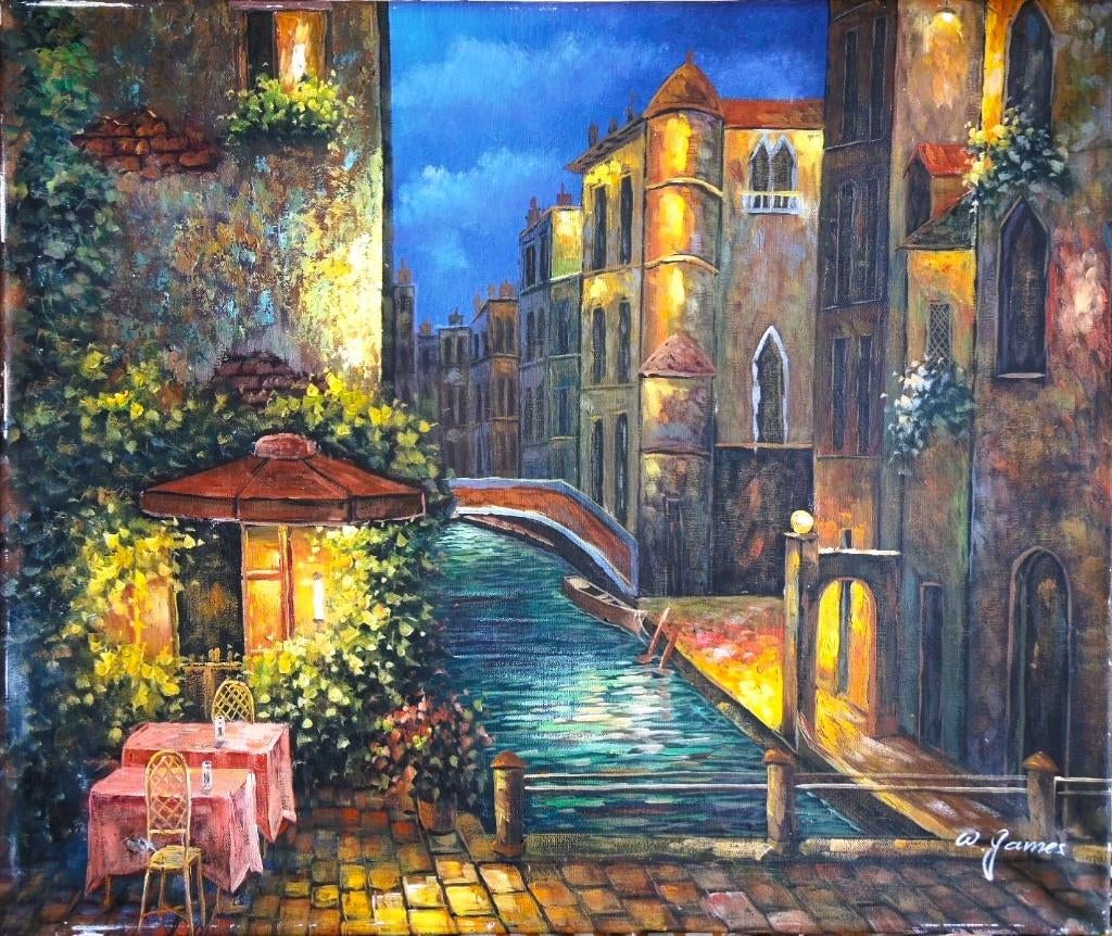 W. James olieverf op doek "Tafeltjes aan het Water", Ophalen