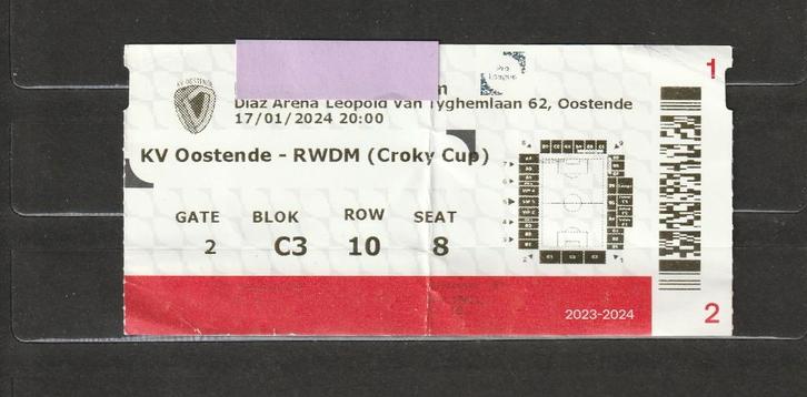 ticket (utilisé), KV Oostende - RWDM, Croky Cup, 17/01/2024, Collections, Articles de Sport & Football, Utilisé, Autres types