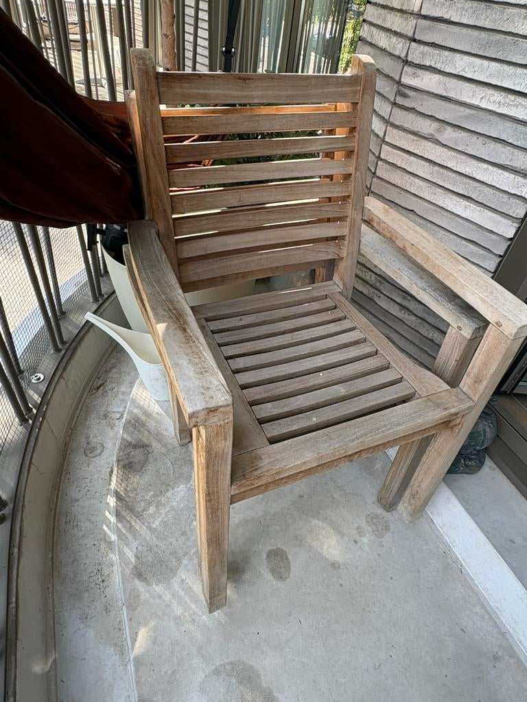 Terrassetje teak tafel en 2 stoelen, Ophalen, Zo goed als nieuw, Hout, Stapelbaar