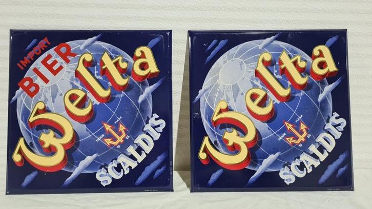 Brouwerij Scaldis, Welta pils, Bornem, metalen bord, 2 stuks, Verzamelen, Biermerken, Gebruikt, Reclamebord, Plaat of Schild, Ophalen of Verzenden