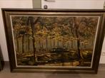 Schilderij, houthakkers in een bos met kader., Ophalen
