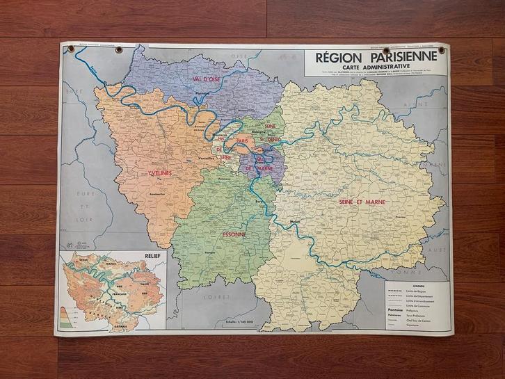 Oude schoolkaart van het MDI „Paris Region” (1970), Boeken, Atlassen en Landkaarten, Zo goed als nieuw, Landkaart, Frankrijk, Ophalen of Verzenden