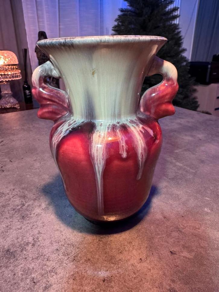 Antieke keramische vaas Art Nouveau–rood/crème druipglazuur, Antiek en Kunst, Antiek | Keramiek en Aardewerk, Ophalen