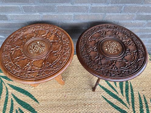 Vintage moorse houten bijzettafeltje, Huis en Inrichting, Tafels | Bijzettafels, Gebruikt, Rond, Minder dan 45 cm, Minder dan 55 cm