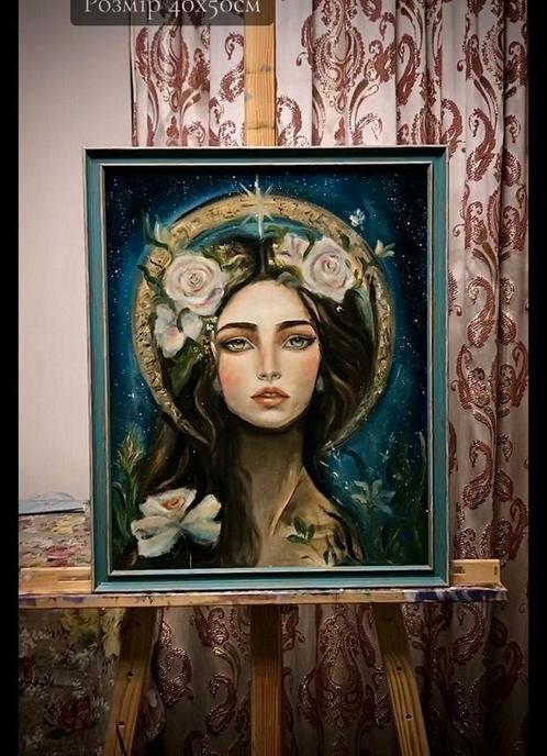winterlandschap met een kerk en portret van een vrouw, Antiek en Kunst, Kunst | Schilderijen | Modern, Ophalen of Verzenden