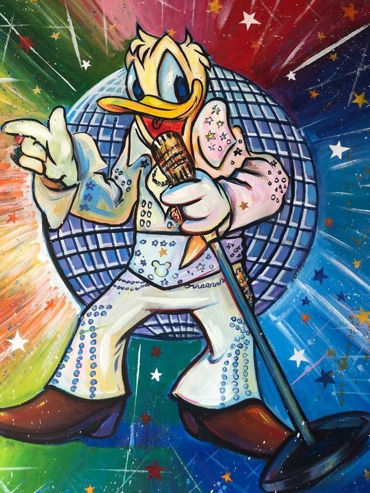 Alex L- Donald Duck als Presley- Handgeschilderd (100%), Antiek en Kunst, Kunst | Schilderijen | Modern, Ophalen of Verzenden