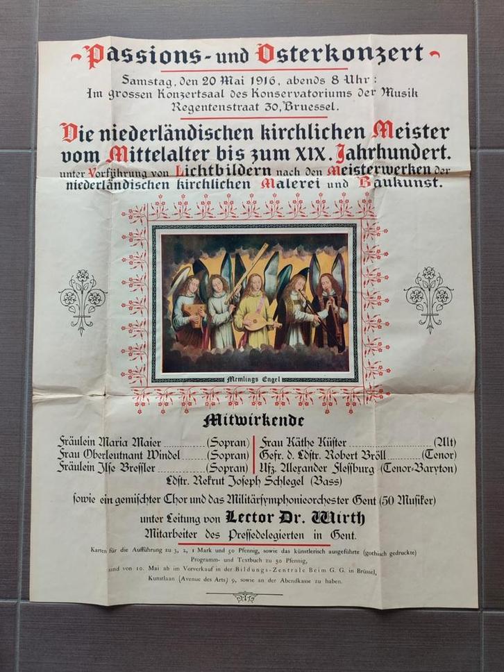 Affiche Paasconcert 1916 Brussel Passions konzert, Verzamelen, Muziek, Artiesten en Beroemdheden, Zo goed als nieuw, Ophalen of Verzenden
