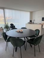 Set 6x groene velvet stoelen met Ø160 tafel van Juntoo., 150 à 200 cm, Cinq personnes ou plus, Rond, 150 à 200 cm