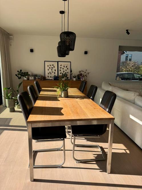 6 Eetkamerstoelen - Echt kwaliteitsleer met Inox onderstel, Huis en Inrichting, Stoelen, Gebruikt, Vijf, Zes of meer stoelen, Leer