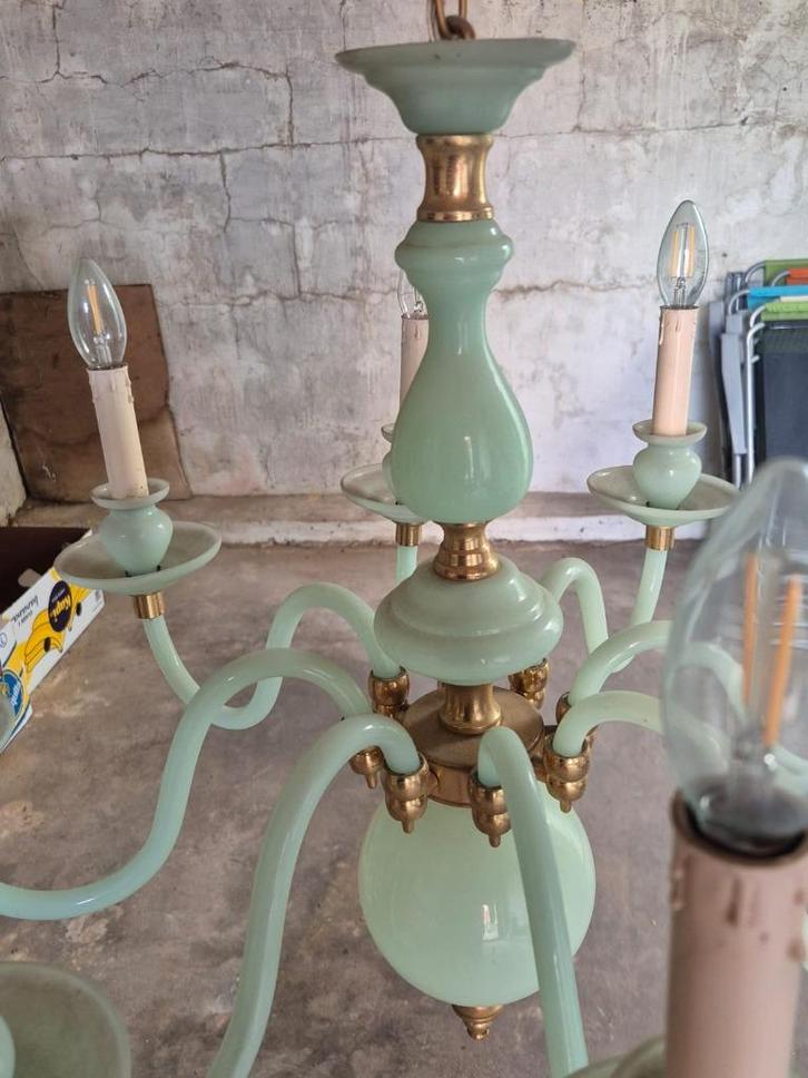 Vintage jaren ’60 kroonluchter in pistachegroen opalineglas, Huis en Inrichting, Lampen | Kroonluchters, Zo goed als nieuw, Glas