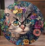 Horloge murale ronde en bois Chat avec fleurs (25cm), Enlèvement ou Envoi, Neuf, Horloge murale