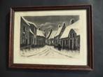 Everaert tekening houtskool potlood ingesneeuwde dorpsstraat, Ophalen of Verzenden
