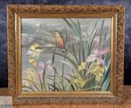 Schilderij vogels in handgemaakte oude houten kader, Antiek en Kunst, Ophalen of Verzenden