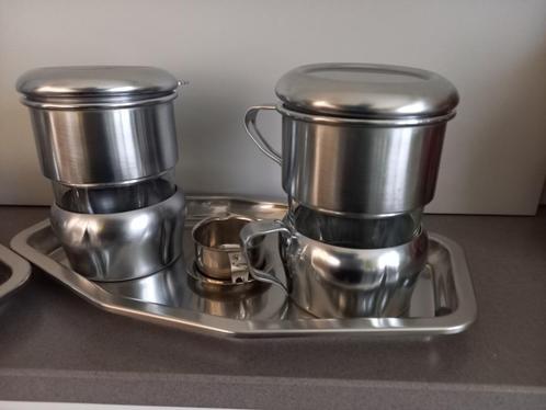 thee- en filtertassen inox-glas, Huis en Inrichting, Keuken | Servies, Zo goed als nieuw, Kop(pen) en/of Schotel(s), Effen, Overige materialen