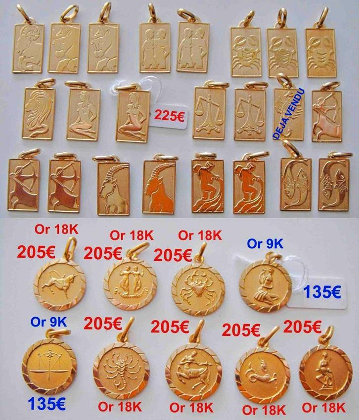 Pendentif zodiaque rectangulaire / rond, or 18K (ou 9K) NEUF, Handtassen en Accessoires, Kettinghangers, Nieuw, Goud, Goud, Overige voorstellingen