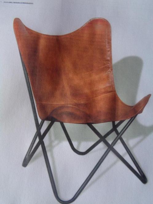 vlinderstoel echt leer, Huis en Inrichting, Fauteuils, Zo goed als nieuw, Leer, Metaal, 50 tot 75 cm, Minder dan 75 cm, Ophalen