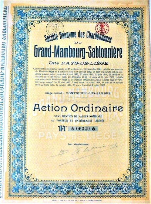 S.A. Des Charbonnages Du Grand Mambourg-Sablonnière - Action, Postzegels en Munten, Aandelen en Waardepapieren, Aandeel, 1920 tot 1950