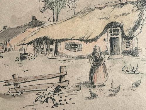 Douven krijttekening opgehoogd geanimeerde pastel Gesigneerd, Antiek en Kunst, Kunst | Schilderijen | Klassiek, Ophalen of Verzenden