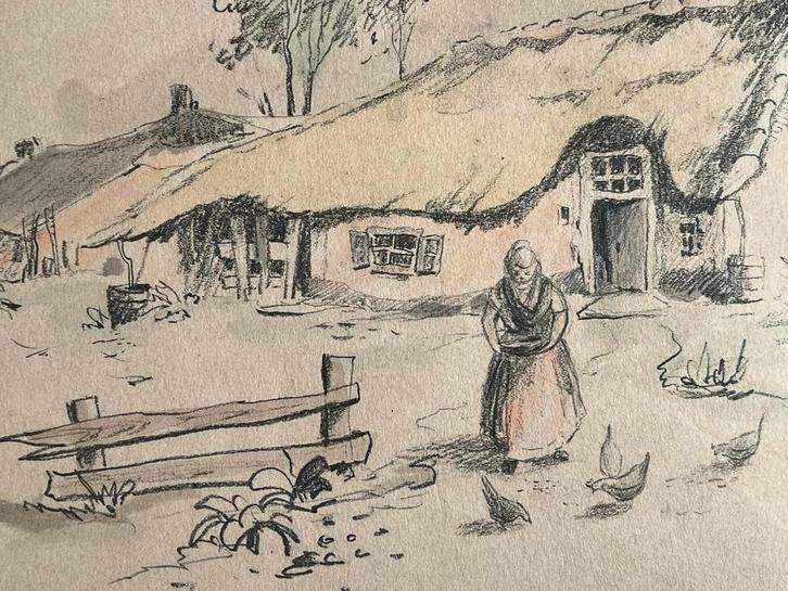 Jac Douven hoeve strooien dak neerhof pastel aquarelle kader, Antiek en Kunst, Kunst | Schilderijen | Klassiek, Ophalen of Verzenden