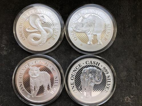 St Helena - India wildlife - 4 x 1 oz silver, Timbres & Monnaies, Métaux nobles & Lingots, Argent, Enlèvement ou Envoi
