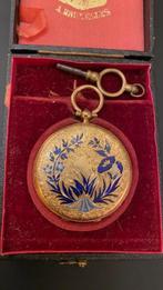 Montre gousset suisse en or cylindre 8 rubis clé émail bleu, Ophalen, Goud, Overige typen, Met edelsteen