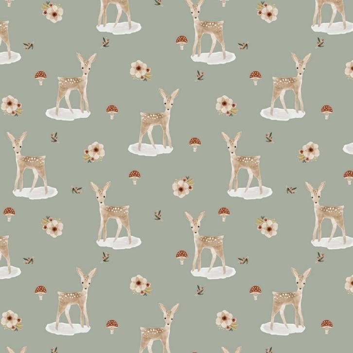 Jersey stof digital sweet deer, sage., Hobby en Vrije tijd, Stoffen en Lappen, Nieuw, Katoen, 120 cm of meer, 200 cm of meer, Ophalen of Verzenden
