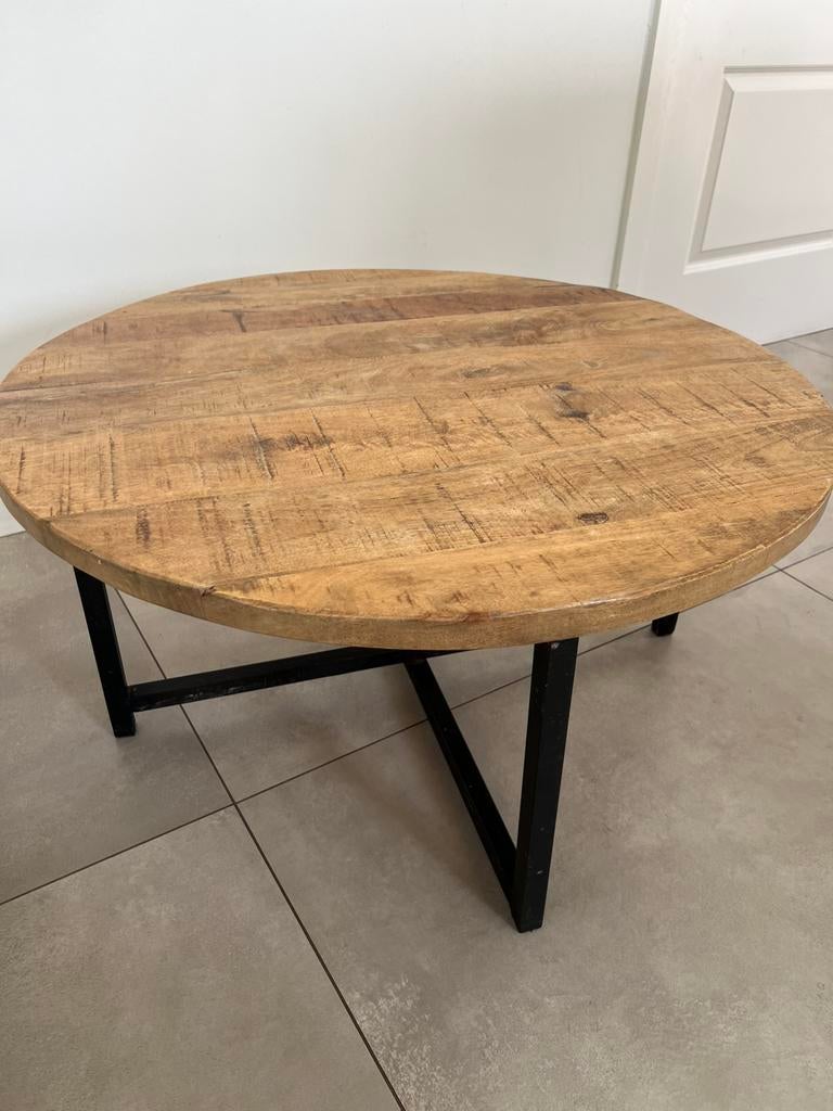 Houten salontafel met metalen onderstel, Huis en Inrichting, Tafels | Salontafels, Ophalen, Gebruikt, 50 tot 100 cm, Rond
