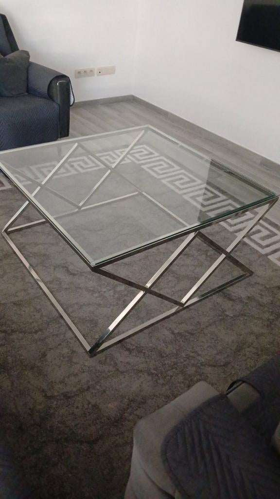 Table basse  argenté acier inoxidable et verre trempé, 100 à 150 cm, Moins de 50 cm, Carré, Utilisé