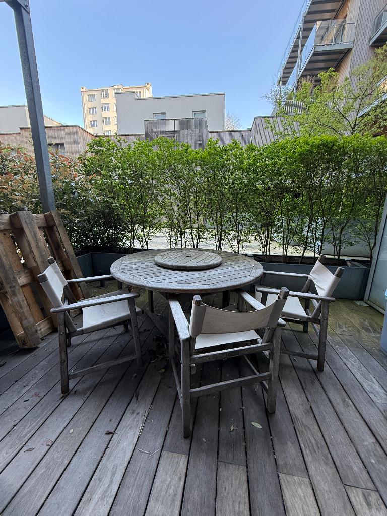 Volledige tuinset (teak) met staander parasol, Tuin en Terras, Ophalen, Gebruikt, 3 zitplaatsen, Teakhout