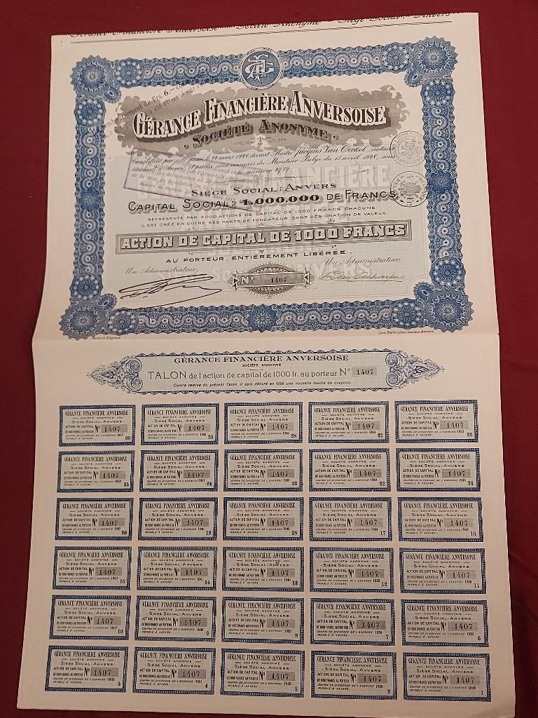 Antiquarische aandeel, Gérange Financière Anversoise (1928), Ophalen of Verzenden, 1920 tot 1950, Aandeel