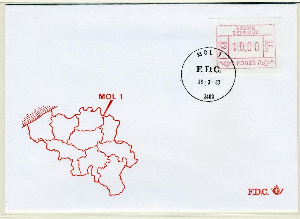 (B) Enveloppe ATM21 FDC 1983 - Mol 1 (P3021), Enlèvement ou Envoi, Affranchi, Avec enveloppe, Oblitération 1er jour